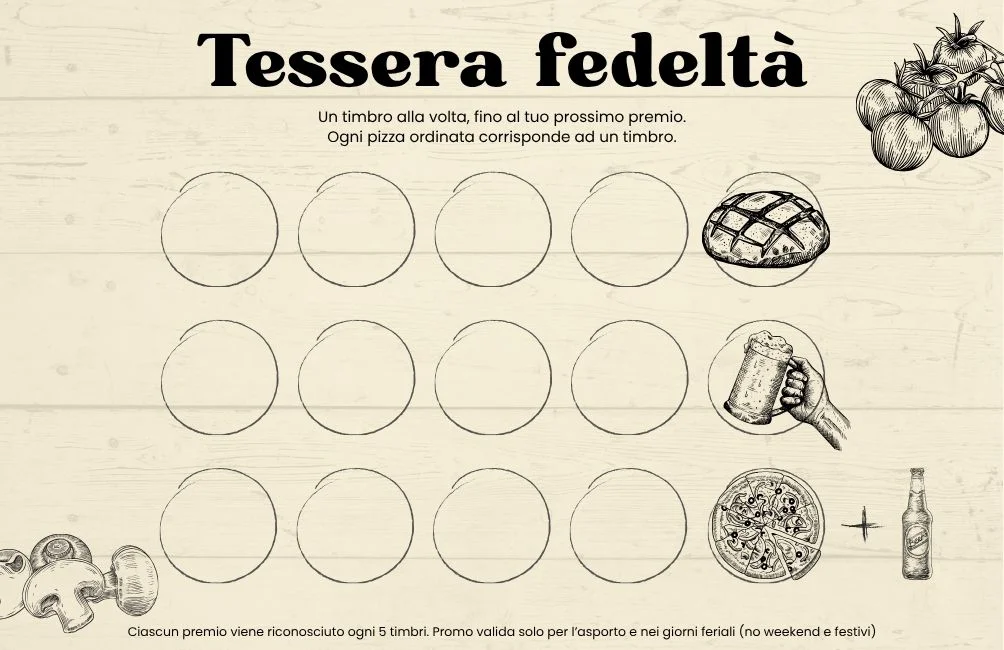 Tessera fedeltà della Pizzeria Jolly Blu — un timbro a ogni pizza d'asporto
